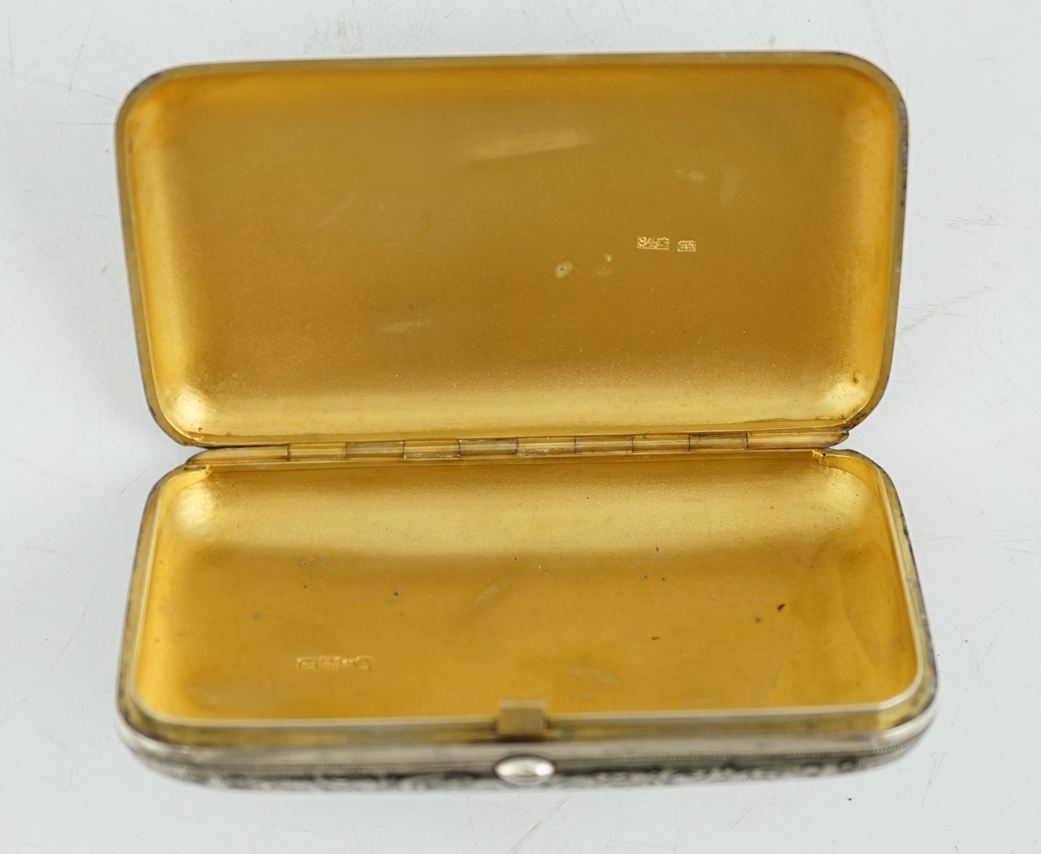 A late 19th century Russian 84 zolotnik silver and niello cigar case, master Gustav Klingert